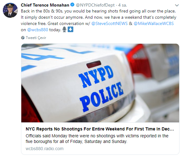New York'ta 25 yıl sonra ilk defa bir hafta sonu silahlı saldırı olmadan geçti