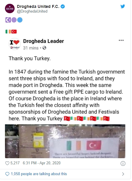 İrlandalı futbol takımından Türkiye'ye teşekkür mesajı