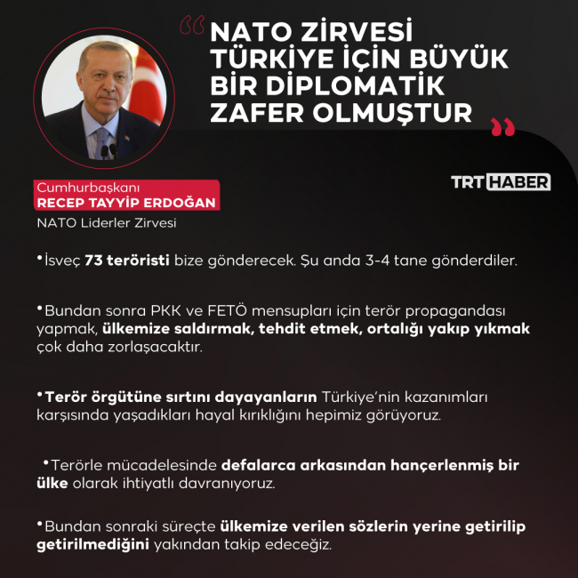 Erdoğan: NATO Zirvesi Türkiye için diplomatik zafer olmuştur