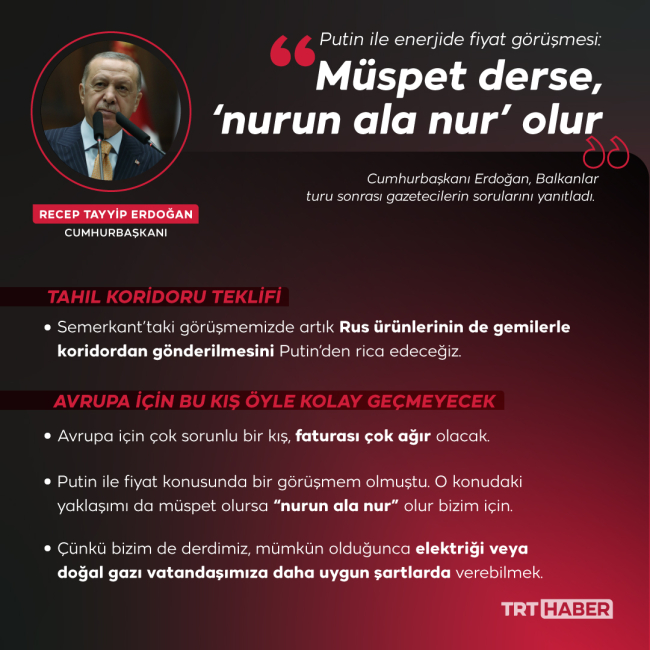 Cumhurbaşkanı Erdoğan'dan Putin'e tahıl koridoru teklifi