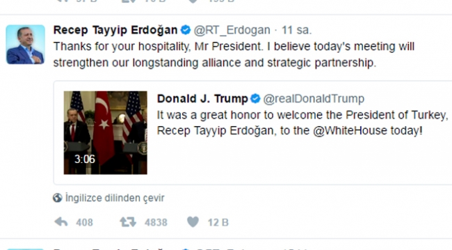 Cumhurbaşkanı Erdoğan ve Trump'tan karşılıklı tweet
