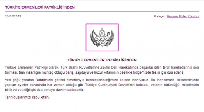 Türkiye Ermenileri Patrikliği'nden Mehmetçik'e dua