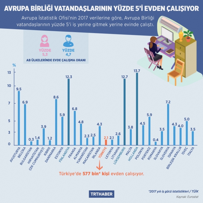 Avrupa Birliği vatandaşlarının yüzde 5'i evden çalışıyor