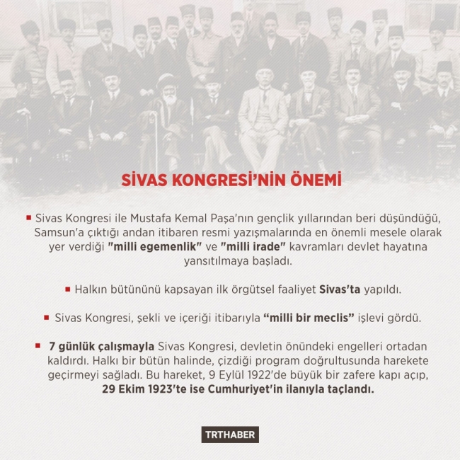 Cumhuriyet'in temellerinin atıldığı Sivas Kongresi'nin 99. yıl dönümü