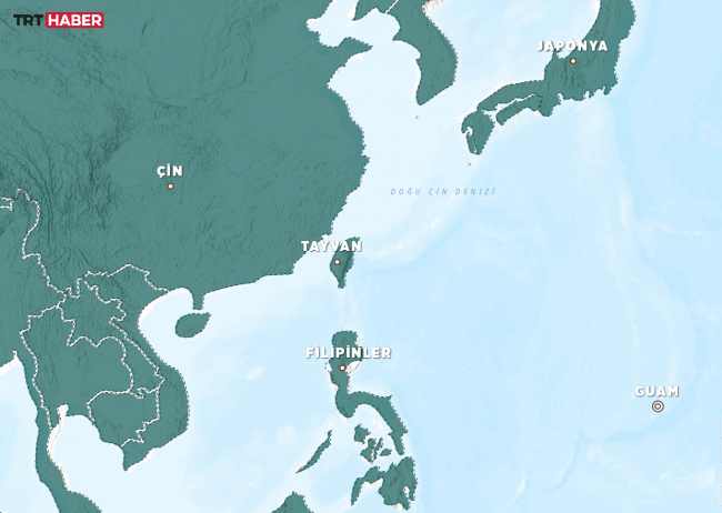 Guam'ın Tayvan ve Çin'e göre konumunu gösteren harita. | Grafik: TRT Haber