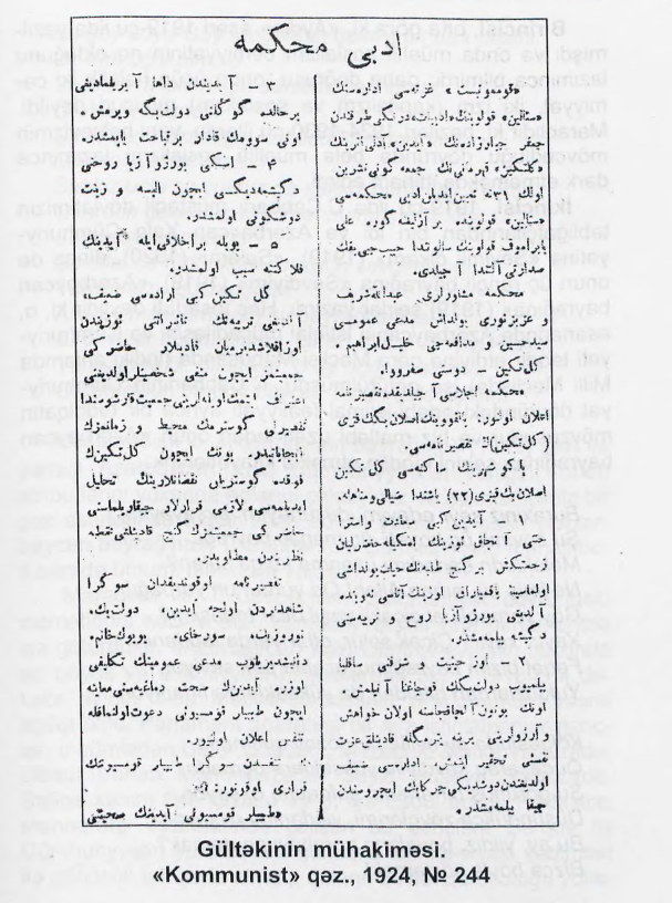 Gültekin'in mahkemesi Kommunist gazetesinde | Prof. Dr. Cəlal Qasımov, Ədəbi Məhkəmələr sayfa: 131 (Kitabın basım yılı 2012) 