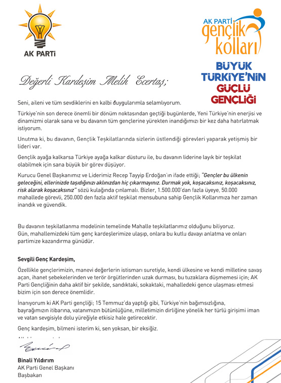 Başbakan Yıldırım'dan AK Parti'li gençlere mektup