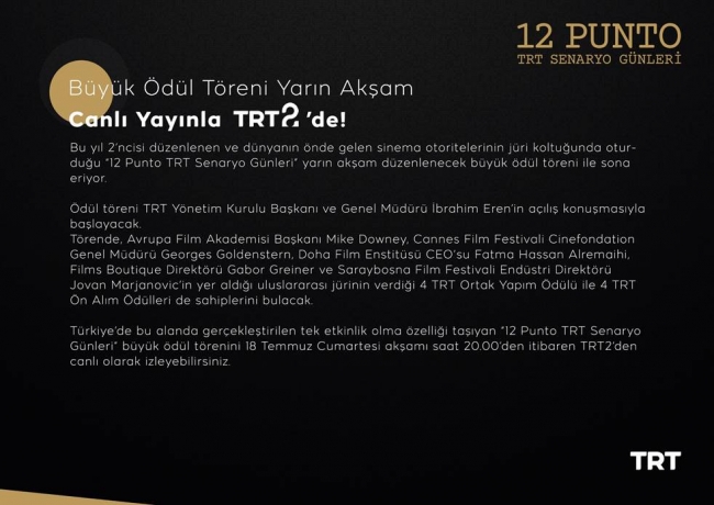 12 Punto TRT Senaryo Günleri ödül töreni TRT2'den canlı yayınlanacak