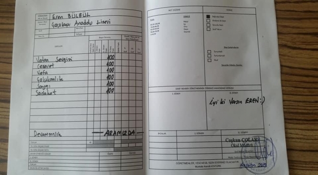 Şehit Eren Bülbül anısına duygulandıran karne