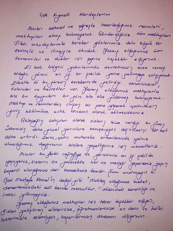 El Bab'daki Türk askerinden Sakaryalı öğrencilere teşekkür mektubu