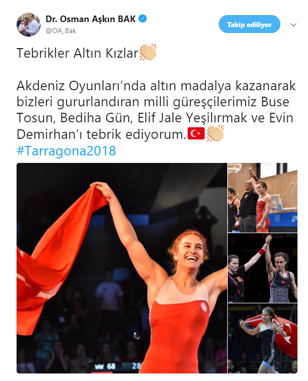 Bakan Bak'tan milli güreşçilere tebrik