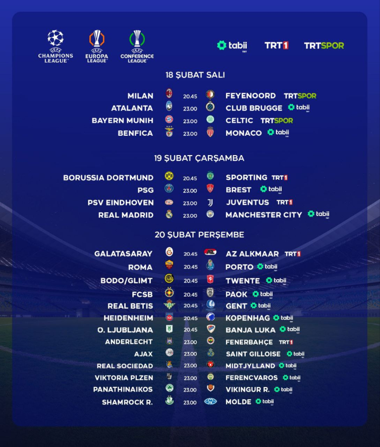TRT’de 3 günde tam 21 UEFA maçı canlı yayınlanacak
