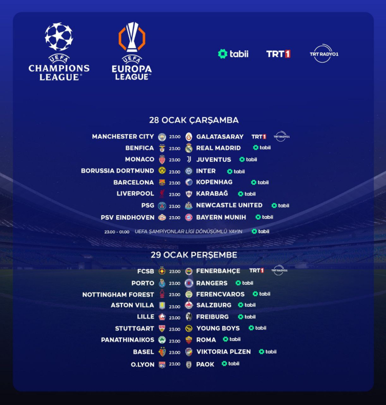 UEFA maçları TRT ve tabii’de: Temsilcilerimiz TRT 1 ekranlarında