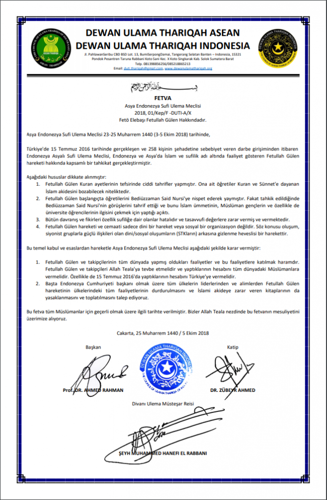 Asya Endonezya Sufi Ulema Meclisi’nden FETÖ fetvası