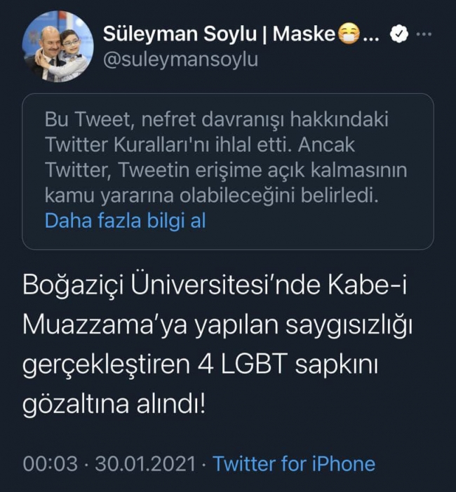 Twitter, İçişleri Bakanı Soylu'nun tweetini engellemişti. 