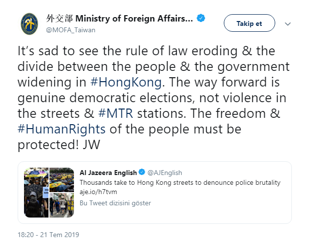 Tayvan'dan, Hong Kong'da "şiddetin durdurulması" çağrısı