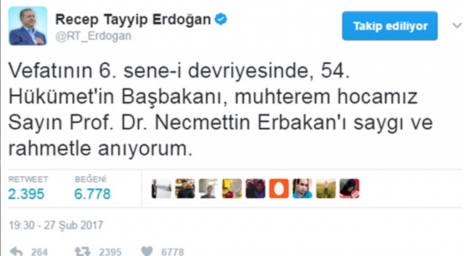 Cumhurbaşkanı Erdoğan'dan Erbakan'ı anma mesajı