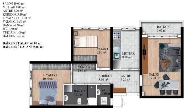 75 metrekare 2+1 / Fotoğraf: TOKİ