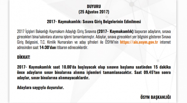 Kaymakamlık sınavı giriş belgeleri erişime açıldı