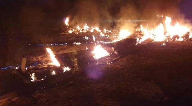 UMH birlikleri tarafından vurulan insansız hava aracı alev aldı. Fotoğraf: Burkan el-Gadap Operasyonu resmi Facebook sayfası.